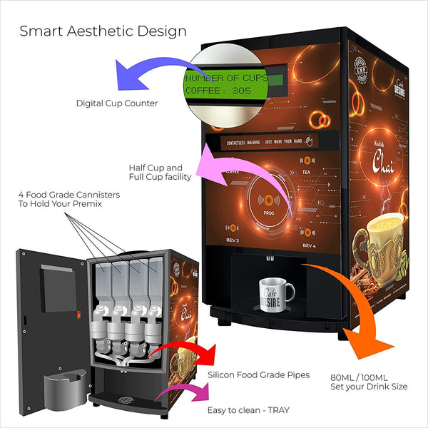 Contactless Sensor Based Coffee Machine - 4 Lane | Automatic Tea & Coffee Premix Vending Machine | For Offices, Shops & Smart Homes | Make 4 types | Just wave your hand - Cafe Desire Cafe Desire My Cafe Desire Contactless Sensor Based Coffee Machine - 4 Lane | Automatic Tea & Coffee Premix Vending Machine | For Offices, Shops & Smart Homes | Make 4 types | Just wave your hand