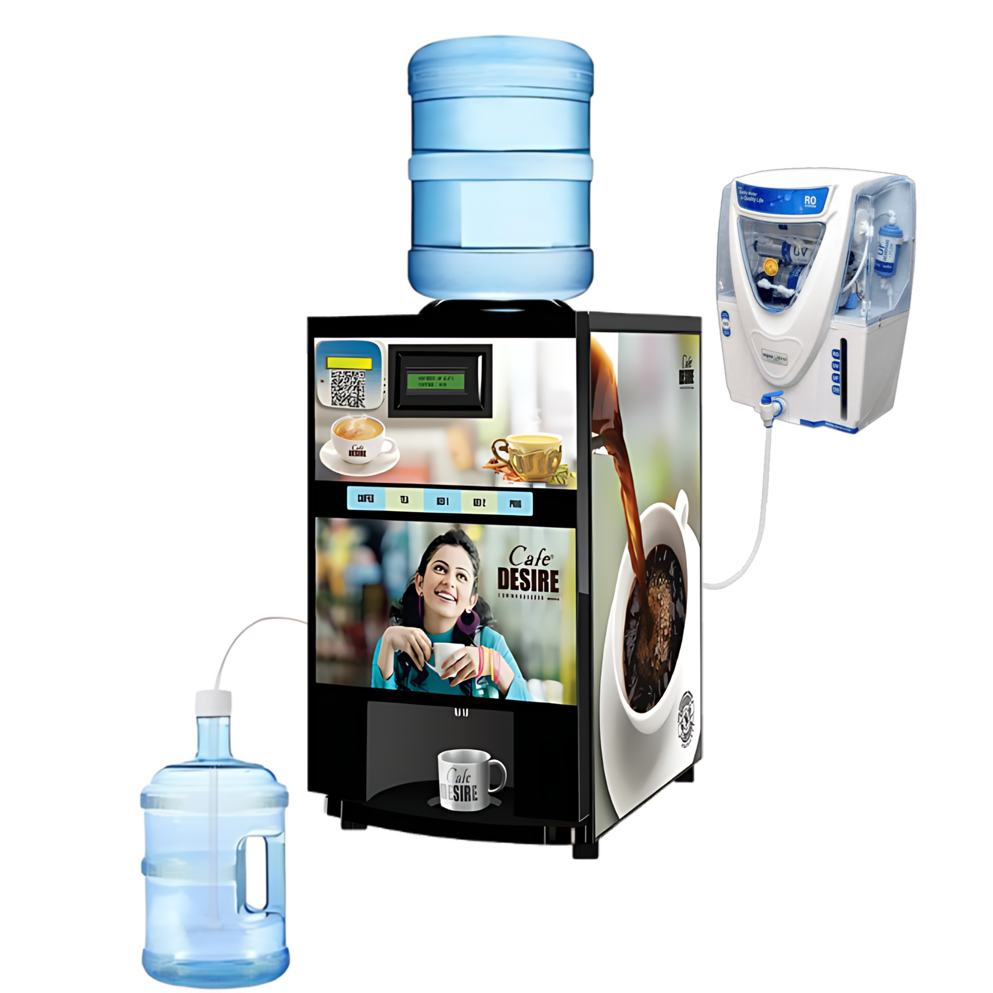 Coffee Machine 4 Lane | Four Beverage Options | QR Code UPI Payment Enabled & RO Option Multi Water Inlet, Bubble Top and Water Pump | For Offices, Shops and Smart Homes | Make 4 Varieties of Coffee Tea with Premix