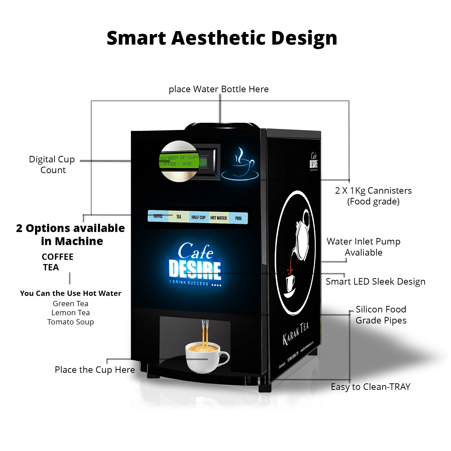 LED Coffee Machine 2 Lane | Two Beverage Options | Fully Automatic Tea & Coffee Vending Machine | For Offices, Shops and Smart Homes | Make 2 Varieties of Coffee Tea with Premix | No Milk, Tea, Coffee Powder Required