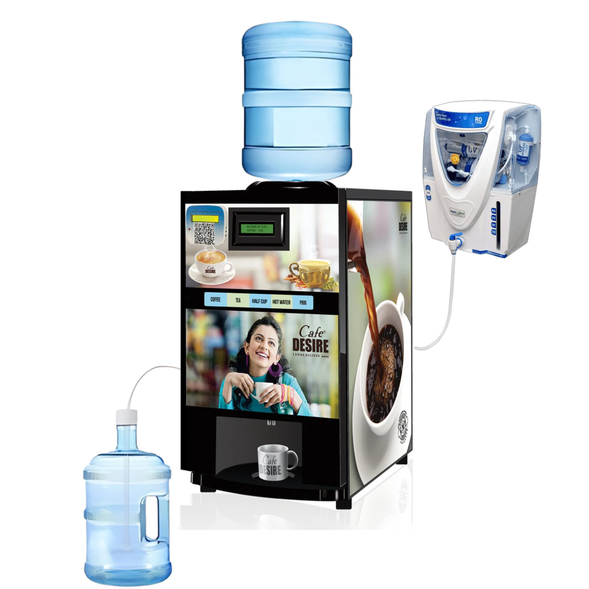 Coffee Machine 2 Lane | Two Beverage Options | QR Code UPI Payment Enabled & RO Option Multi Water Inlet, Bubble Top and Water Pump | For Offices, Shops and Smart Homes | Make 2 Varieties of Coffee Tea with Premix