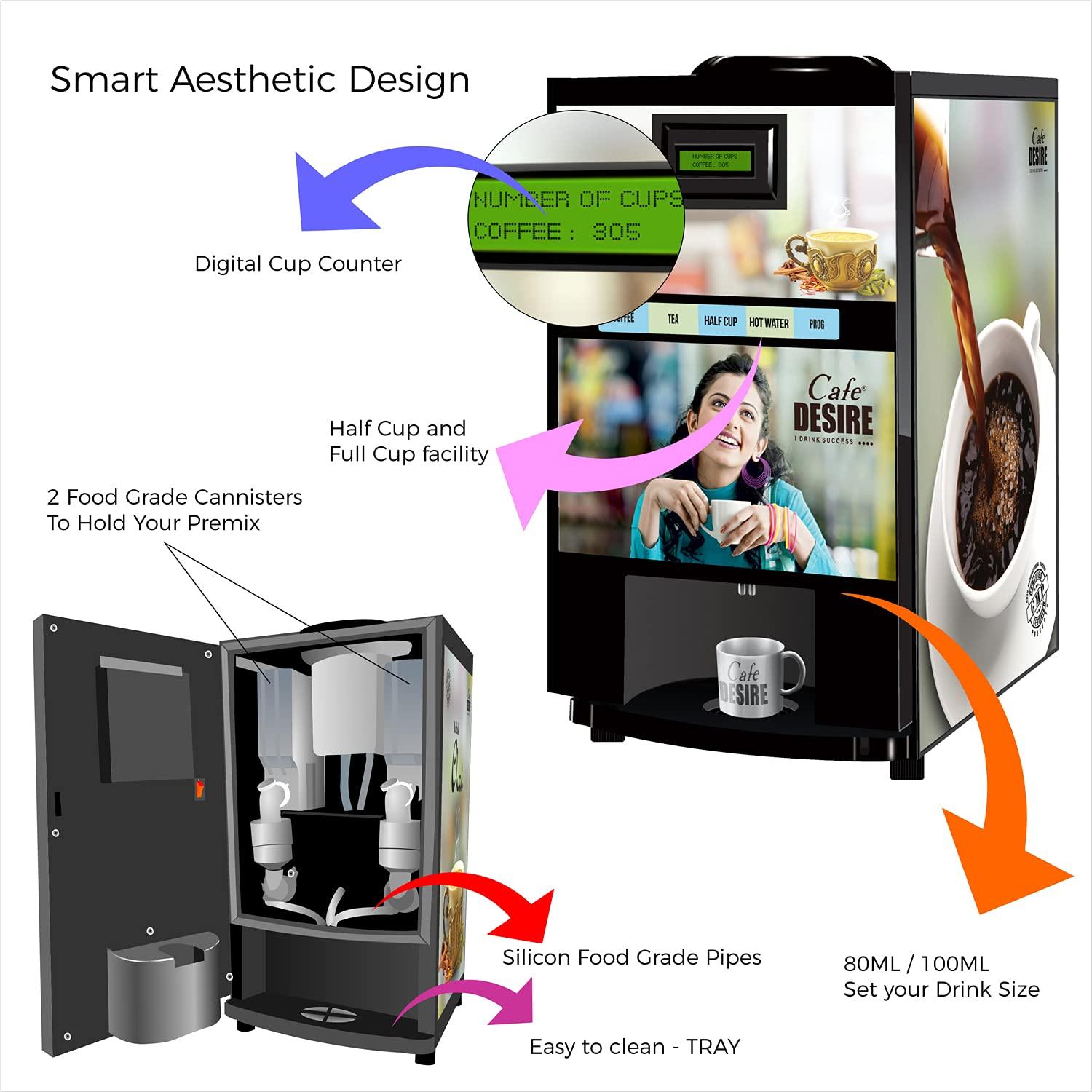 Coffee Machine 4 Lane - RO Option | Four Beverage Options | Fully Automatic Tea & Coffee Vending Machine | For Offices, Shops and Smart Homes | Make Varieties of Coffee Tea with Premix | No Milk, Tea, Coffee Powder Required