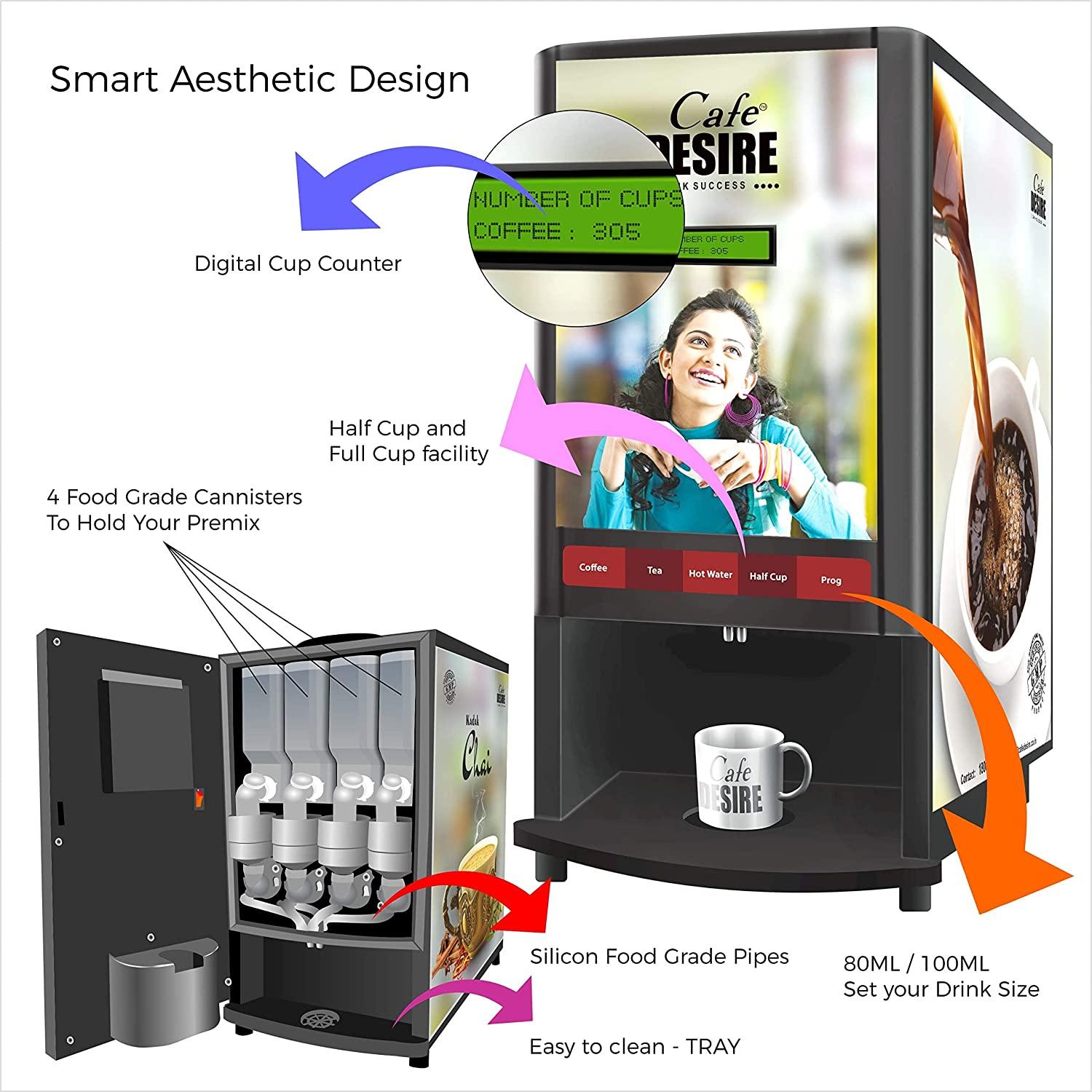 Coffee Machine 4 Lane | Four Beverage Options | QR Code UPI Payment Enabled & RO Option Multi Water Inlet, Bubble Top and Water Pump | For Offices, Shops and Smart Homes | Make 4 Varieties of Coffee Tea with Premix