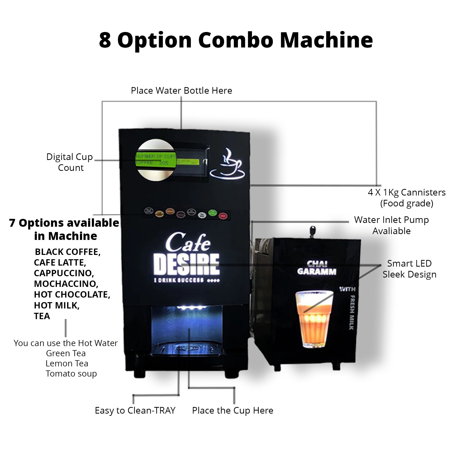 LED - Insta Bean Classic Combo Coffee Vending Machine | Made with Fresh Milk | 7 Options