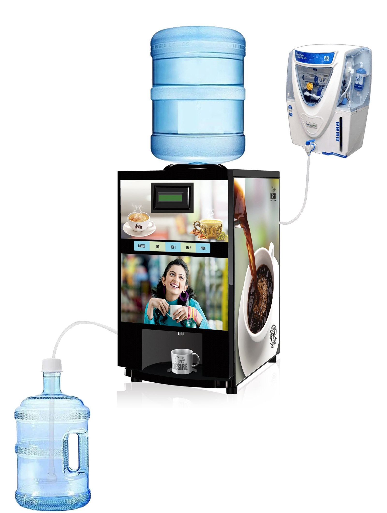 Coffee Machine 4 Lane Multi Water Inlet Coffee and Tea Vending Machine | Bubble Top, Water Pump and RO Direct Water Input | Four Beverage Options | For Offices, Shops and Smart Homes | Make 4 Varieties of Coffee Tea with Premix