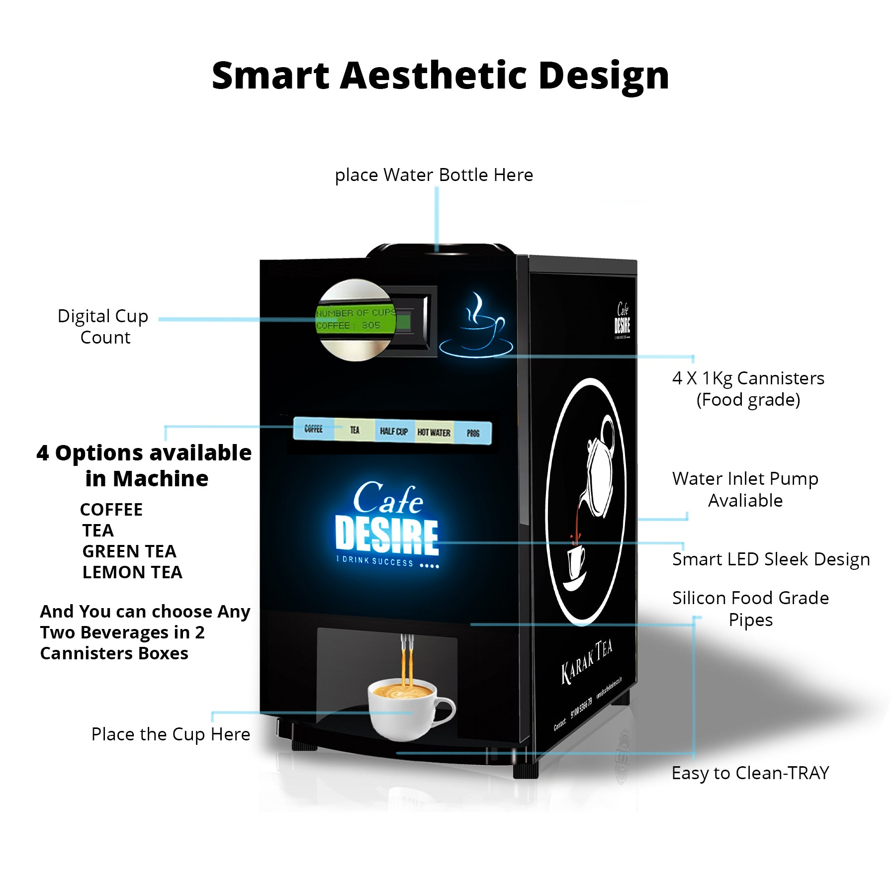 LED Coffee Machine 4 Lane | Four Beverage Options | Fully Automatic Tea & Coffee Vending Machine | For Offices, Shops and Smart Homes | Make 4 Varieties of Coffee Tea with Premix | No Milk, Tea, Coffee Powder Required